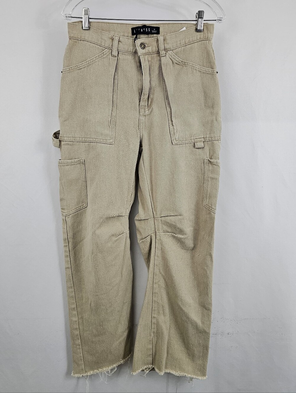 Lioness Miami Vice Pants Utility Pockets Cropped Frayed Hem, Tan, Sz S